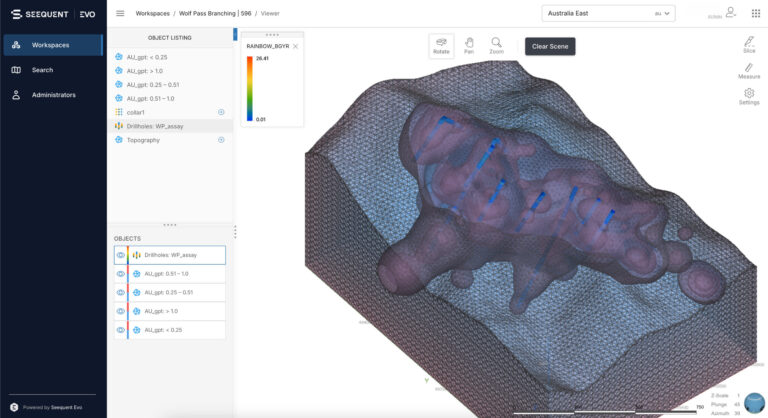 Drillholes with corresponding gold assays and interpretation grade shells shown in Seequent Evo 3D viewer.