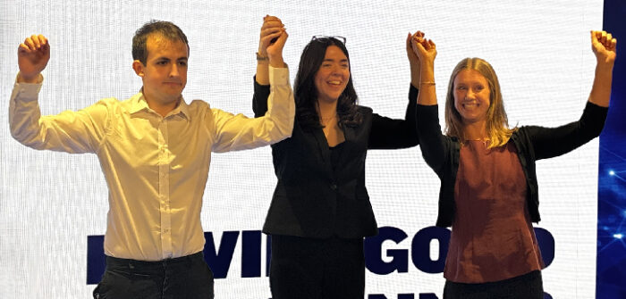 iTwin4Good winners, SiTESalvage (Enactus UK & Ireland), are pictured left to right: Harry Sharp (University of Huddersfield), Laura Fleming (University College Dublin), and Steph Sullivan (University of Manchester). (Image courtesy of Bentley Systems and Enactus