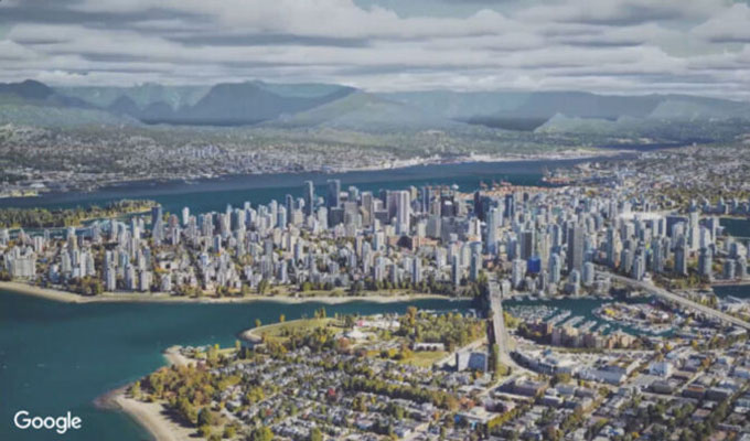 A 3D aerial view of Vancouver city, displaying detailed buildings and landscape, enabled by Cesium technology, integrated with iTwin from Bentley Systems.