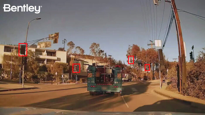 Malfunctioning streetlights are detected by Bentley’s Blyncsy technology in crowdsourced dash cameras in the Los Angeles area after wildfires caused major damage to critical safety infrastructure. (Image courtesy of Bentley Systems)
