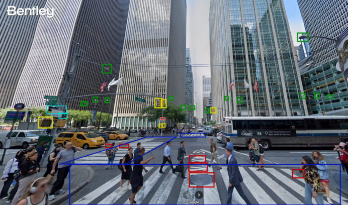 An example of how Bentley’s Blyncsy technology can be used with Google Street View imagery to detect roadway issues and assets, from potholes and crosswalk paint condition to street signs and traffic lights. (Image courtesy of Bentley Systems)
