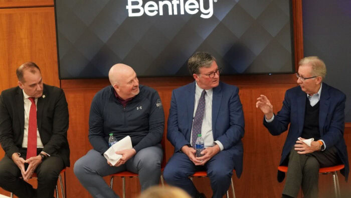 Left to right: Sen. Wayne Langerholc, Jr., Chairman of the Pennsylvania Senate Transportation Committee; Rep. Matthew Bradford, Majority Leader of the Pennsylvania House of Representatives; Pennsylvania Secretary of Transportation Mike Carroll; and Bentley Systems Chairman Greg Bentley discuss transportation infrastructure during an event at Bentley Systems’ headquarters.