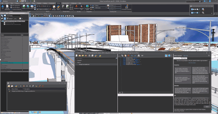 Computer screen displaying a 3D city modeling software interface with code editor panels and rendered urban buildings in the main view.